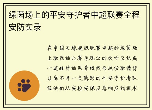 绿茵场上的平安守护者中超联赛全程安防实录