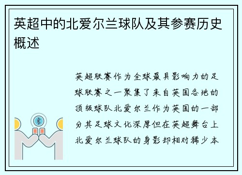英超中的北爱尔兰球队及其参赛历史概述