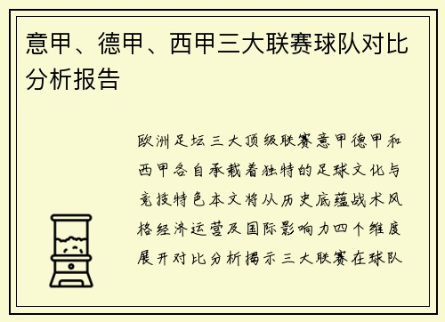 意甲、德甲、西甲三大联赛球队对比分析报告